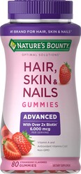 Nature's Bounty Optimal Solutions Advanced Hair, Skin, Nails, 2X Biotin, 80 Strawberry Gummies, 40 Total Servings