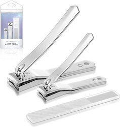 Nail Clipper Set with Catcher, 3-Piece Edgy Nail Clipper Kits, Premium Carbon Steel, Professional Finger and Toe Nail Clipper Set, A Separate Nano Glass Nail File Included, Travel Nail Clipper Kit