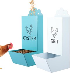2 Pack Metal Chicken Feeder, Oyster Shell and Grit Feeder Hanging/Ground Chicken Coop Feeder with Durable Iron Construction for Hens & Chicks (Blue & White)