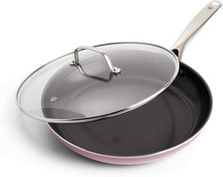 Blue Diamond 12" Nonstick Frying Pan with Lid, Diamond Infused PFAS & PTFE-Free Ceramic Skillet, Dishwasher & Oven Safe, Stay Cool Handle, Durable Non Toxic Metal Utensil Safe, Glass Lid, Pink