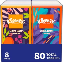 Kleenex On-The-Go Facial Tissues, 8 On-The-Go Packs, 10 Tissues per Box, 3-Ply (80 Total), Packaging May Vary