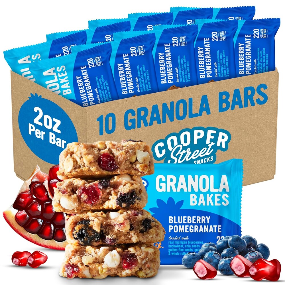 Cooper Street Granola Bakes Blueberry Pomegranate - 2oz Big Oatmeal Granola Bars - Good Source of Fiber & Whole Grains - Soft Baked Breakfast Oat & Seeds Bar - Nut Free & School Safe - 10 Pack