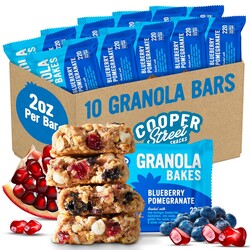 Cooper Street Granola Bakes Blueberry Pomegranate - 2oz Big Oatmeal Granola Bars - Good Source of Fiber & Whole Grains - Soft Baked Breakfast Oat & Seeds Bar - Nut Free & School Safe - 10 Pack