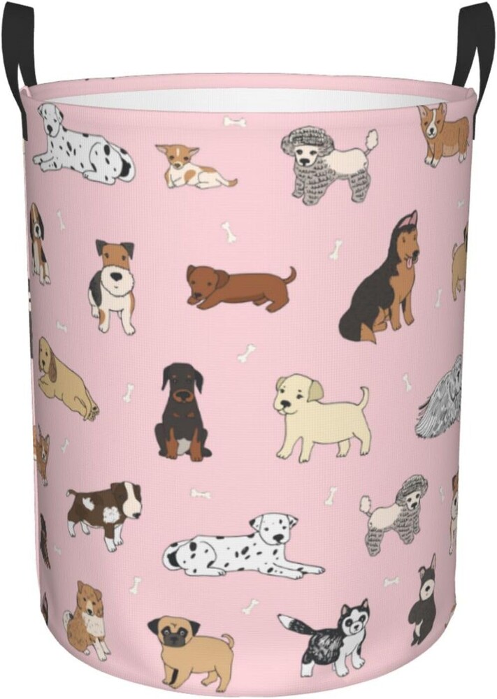 Cute Dogs Pink Round Laundry Hamper Storage Basket Toys Clothes Organizer Bin For Home Bathroom Bedroom Dorm Nursery, 38l