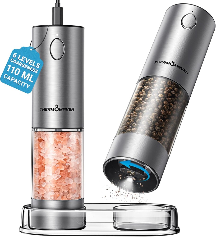 ThermoMaven Upgraded Larger Capacity Electric Salt and Pepper Grinder Set, 110ml Rechargeable Salt and Pepper Shaker with LED Light, Stainless Steel Automatic Pepper Mill with 6 Adjustable Coarseness