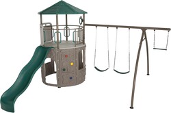 Lifetime Adventure Tower Swing Set Playset, Outdoor Clubhouse with Roof, 9‑ft Slide, Climbing Walls, Trapeze Bar & Swings, UV‑Protected HDPE & Steel, All‑Weather Kids Playset