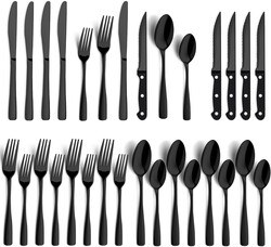 BEWOS 24-Pieces Black Silverware Set for 4 - Stainless Steel Flatware Set with Mirror Polish, Silverware Set Including Steak Knives, Forks and Spoons, Dishwasher Safe for Restaurant and Home