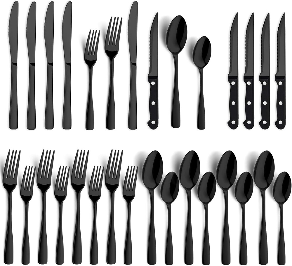 BEWOS 24-Pieces Black Silverware Set for 4 - Stainless Steel Flatware Set with Mirror Polish, Silverware Set Including Steak Knives, Forks and Spoons, Dishwasher Safe for Restaurant and Home