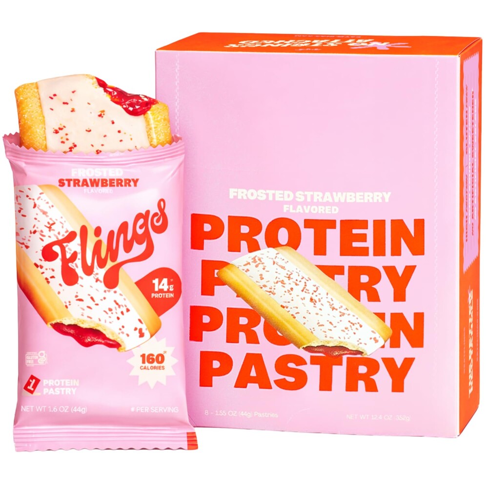 Flings Protein Pastries – 14g Protein, 4g Fiber, 160 Calories – Low Sugar Protein Snack Bars – Gluten Free – Frosted Strawberry (8 Pack)