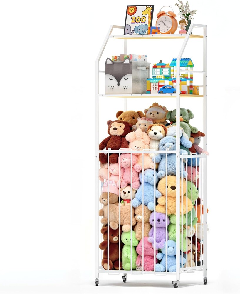Stuffed Animal Storage Zoo 3 Tier - Large Stuffed Animals Holder Wood and Metal Plush Toy Storage with Brake Wheels Space Saver for Kids Playroom Bedroom Nursery(57.9”H)
