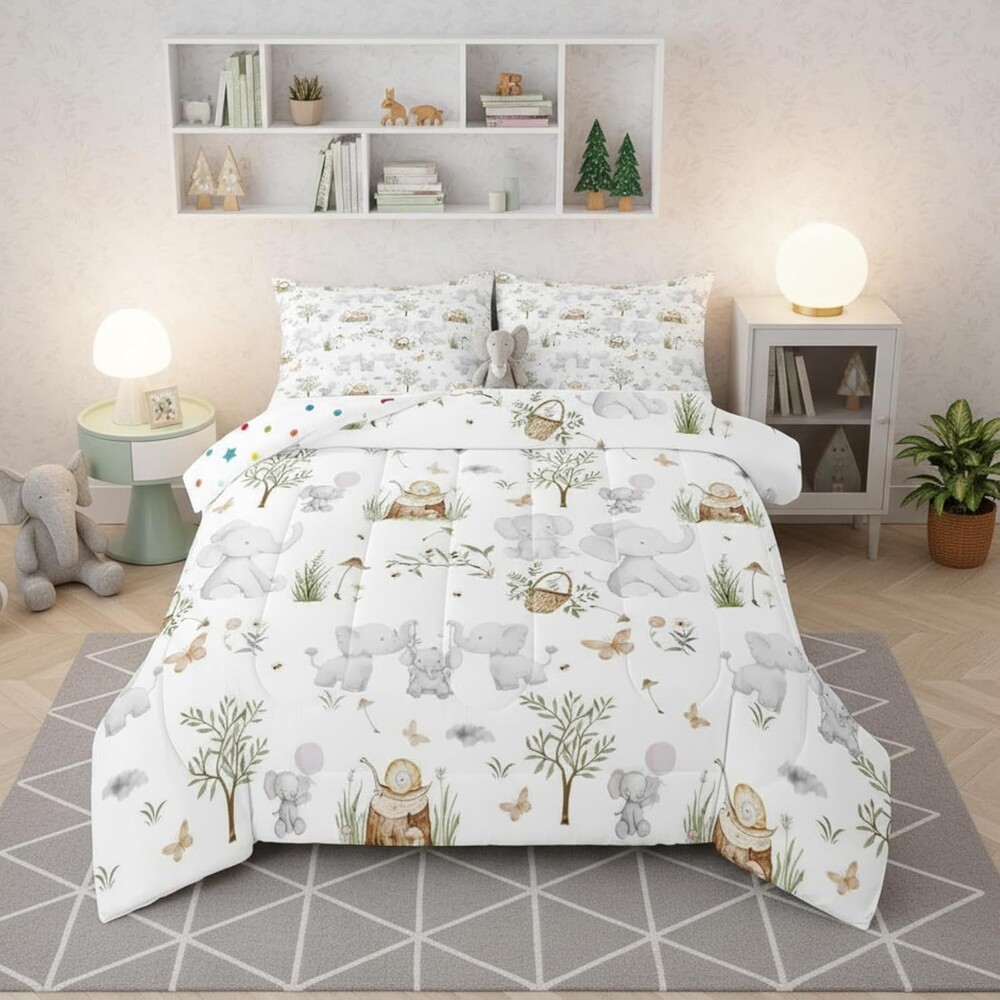 Erosebridal Kids Elephant Full Comforter Set for Boys Girls Nursery Cute Woodland Animals Bedding Set Cartoon Snails Wildlife Comforter Elephant Family Stump Butterfly Trees Quilt,2 Pillowcases