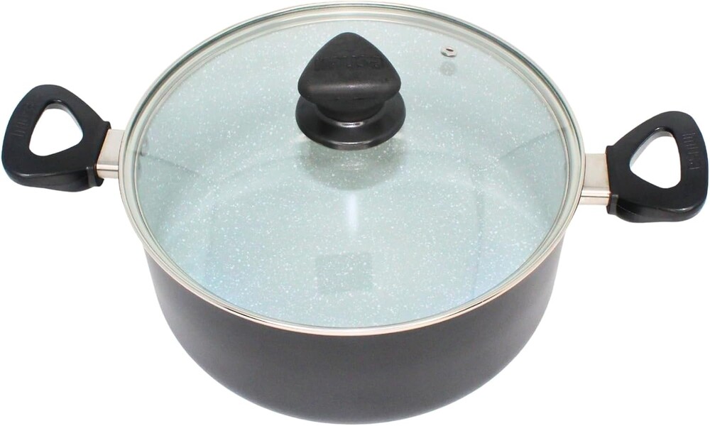 IMUSA 4.8 Qt Gray Speckled Ceramic Caldero Dutch Oven Stock Pot with Glass Lid – Nonstick Rice, Soup, Stew Pot for Hispanic Cooking, Pasta, Vegetables & Family Meals