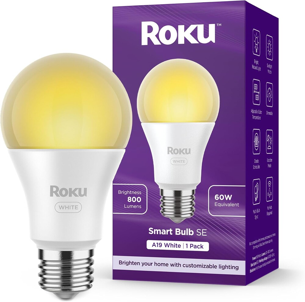 Roku Smart Light Bulbs (White, 1-Pack) - Dimmable A19 Lightbulbs with Adjustable Brightness & Temperature - WiFi Smart Bulbs Works with Roku Voice, Alexa & Google Assistant, No Hub Required