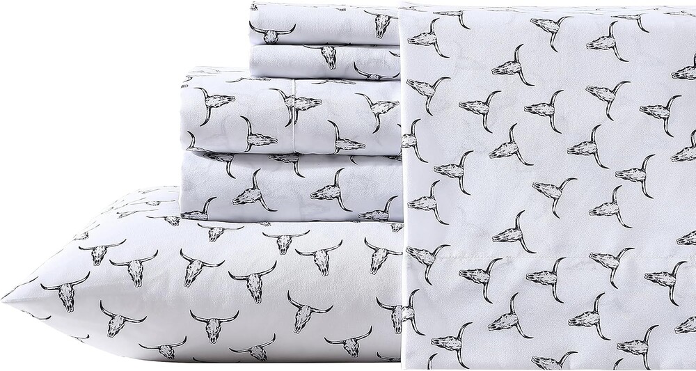 Wrangler - Full Size Sheet Set, Ultra-Soft & Lightweight Bedding, Lightweight for Year Round Comfort, Deep Pockets, Bed Sheets with Matching Fitted & Pillowcases (Steer Skulls Black)