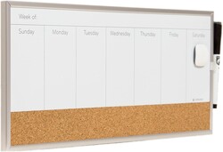 U Brands Magnetic Dry Erase Weekly Calendar White Board With Cork Strip, 18" x 7.5", Silver Aluminum Frame, Includes Magnet, Marker
