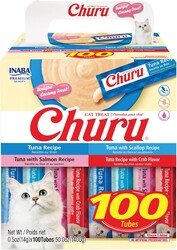 INABA Churu Cat Treats, Lickable, Squeezable Creamy Purée with Vitamin E, 0.5 Ounces per Tube, 100 Tubes Total, Tuna Variety
