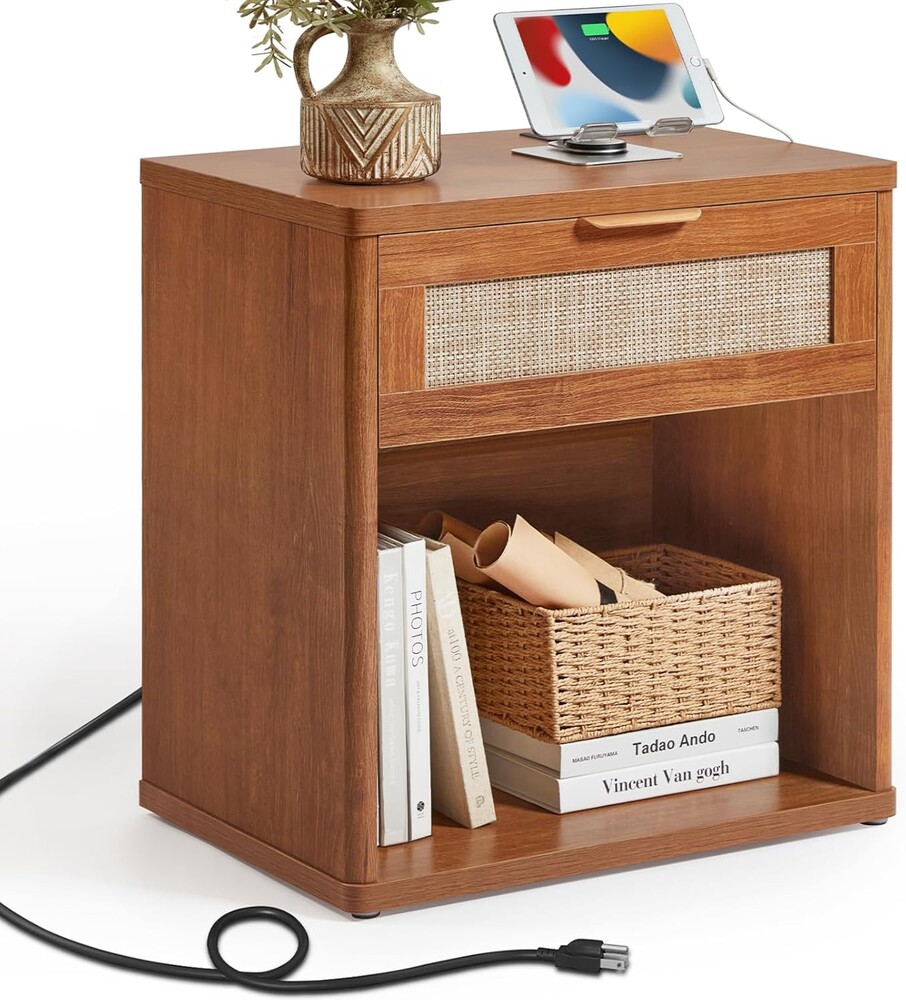 LEYAOYAO Rattan Nightstand with Charging Station, Tea Brown Night Stand with Drawer, 23" Wide Boho Bedside Table with Storage Shelf, Bed Side End Tables for Bedroom, Living Room, Hallway