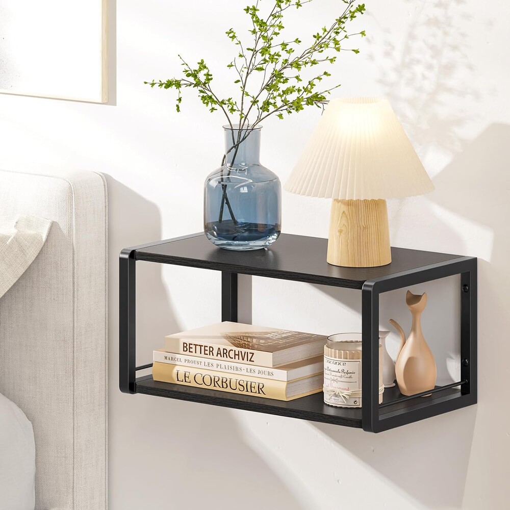 Floating Nightstand, Wood Bedside Shelf Wall Mounted Nightstand with Heavy-Duty Frame, Floating Bedside Table for Bedroom, Bathroom, Kitchen, (Vintage Black, 1 Pack)