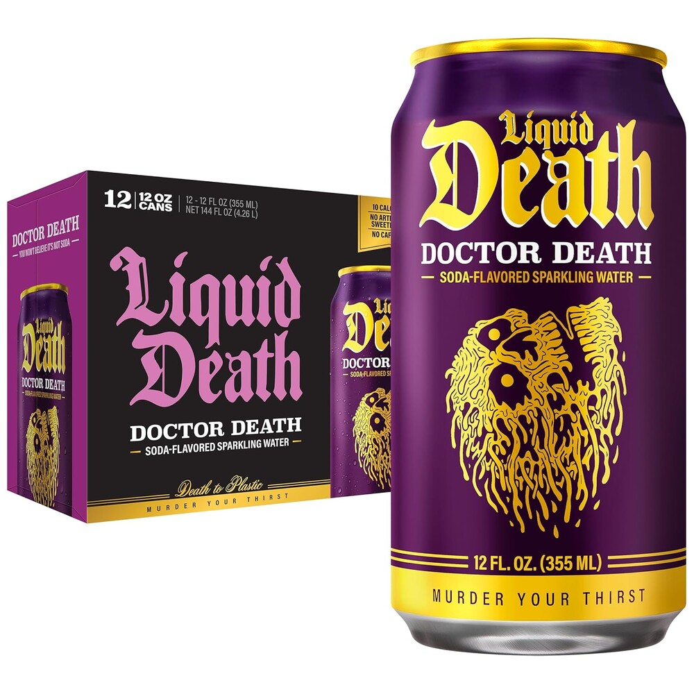 Liquid Death Soda-Flavored Sparkling Water - Doctor Death (Cherry, Cream, Spice), Less Sugar*, Huge Flavor, No Caffeine, No Artificial Sweeteners, 12 Fl Oz (Pack of 12)