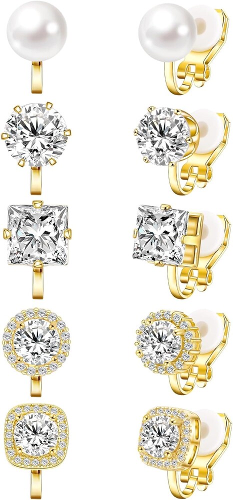 Cubic Zirconia Clip on Earrings - Women Hypoallergenic Comfortable Non Pierced Stud Earrings for Wedding and Dance Competitions, Clip-on Earrings Silver Gold