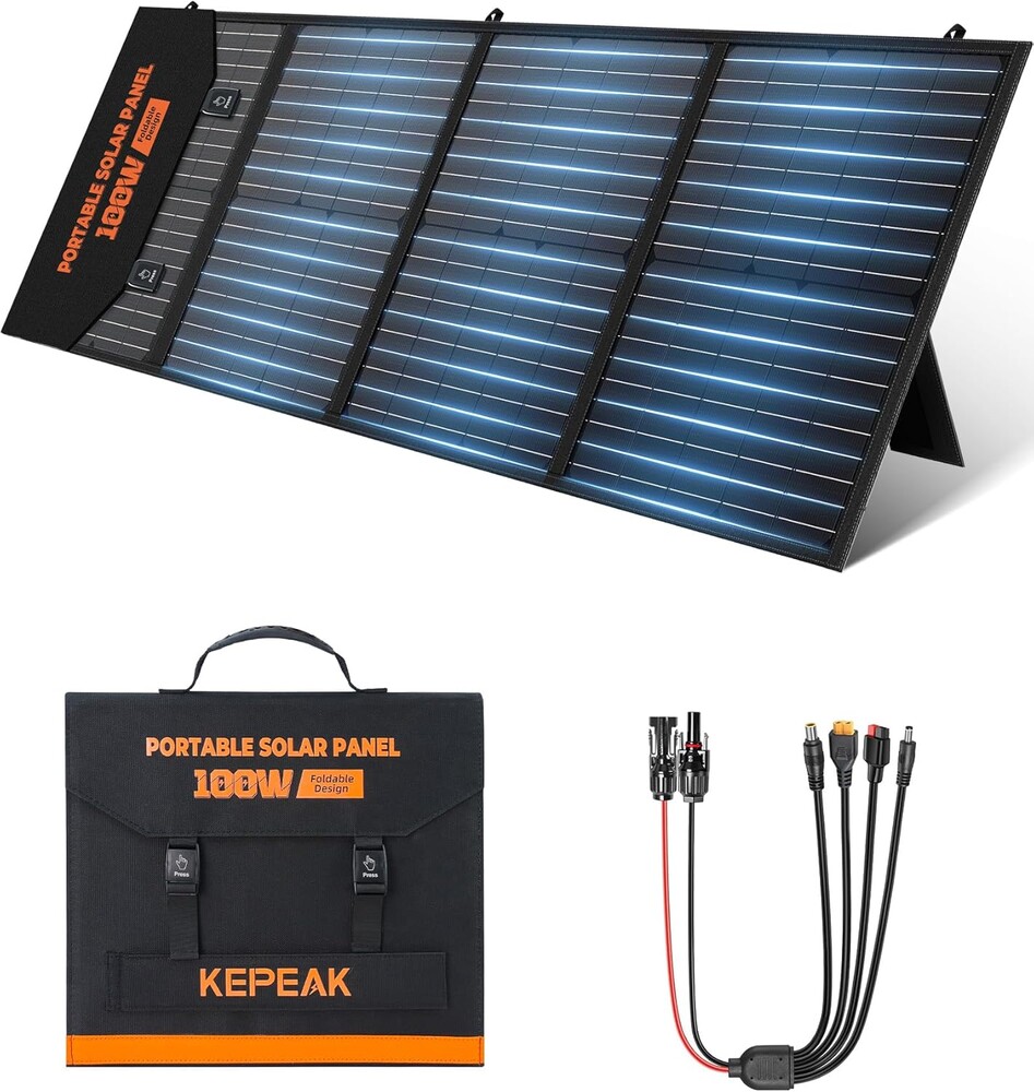KEPEAK 100W Portable Solar Panel, Foldable Solar Panel with QC3.0 & PD, Waterproof High-Efficiency Solar Charger for RVs, Camping, Emergency Backup