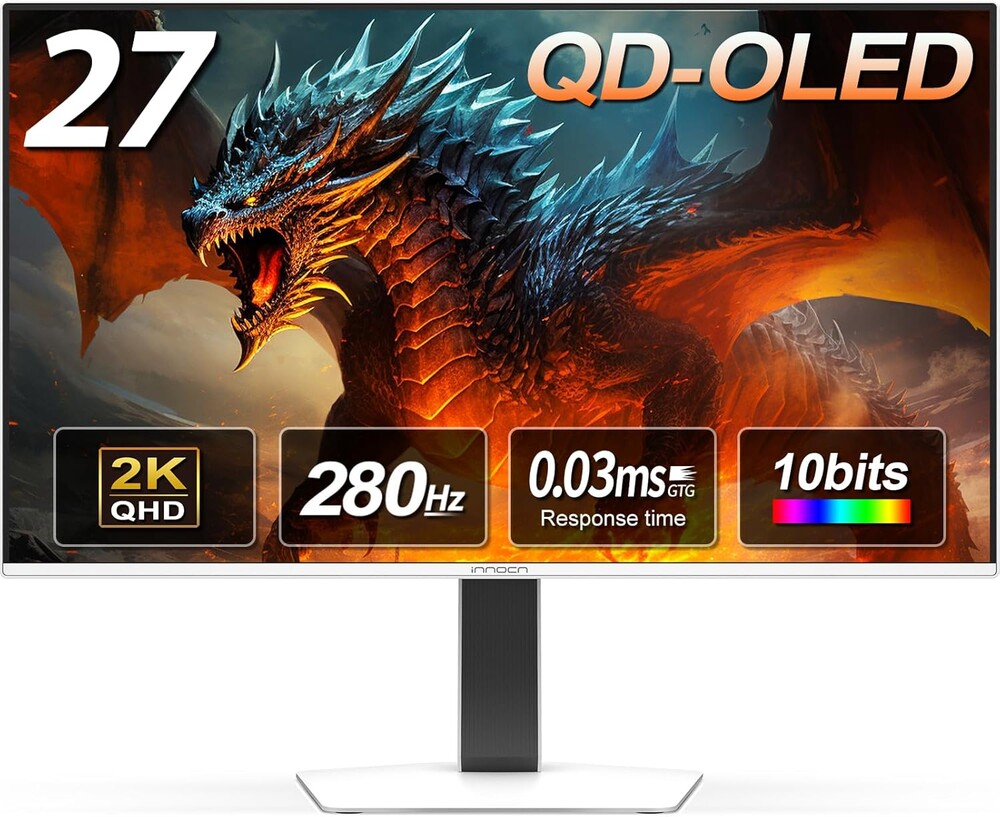 INNOCN 27" QD-OLED 2K QHD 2560 x 1440P 280Hz 240Hz PC Computer Gaming Console Monitor, G-Sync Compatible, 0.03ms, HDR400, 10Bits, HDMI 2.1, DisplayPort, Speaker, Adjustable Stand - GA27S1Q