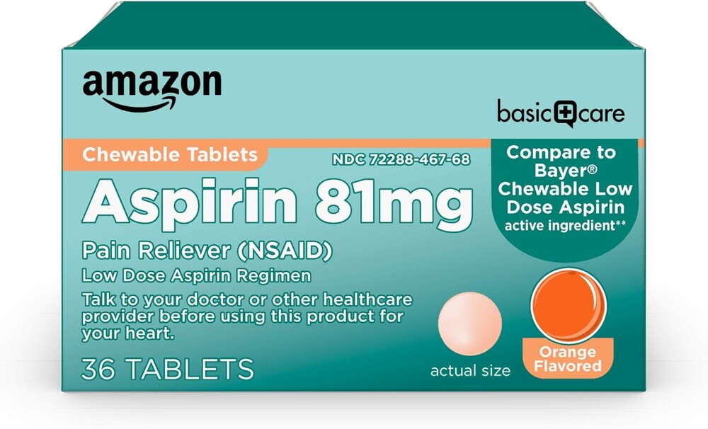 Amazon Basic Care Low Dose Aspirin 81 mg Chewable Tablets, Pain Reliever for Minor Aches, Orange Flavor, 36 Count