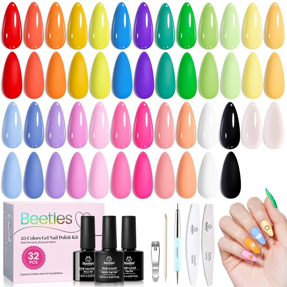 Beetles Summer Gel Polish Set - Doodle Dreams Collection, Green Blue Purple 25 Spring Summer Colors Neon Rainbow Gel Polish with Base Glossy Matte Top Coat UV LED Soak Of Gifts for Women