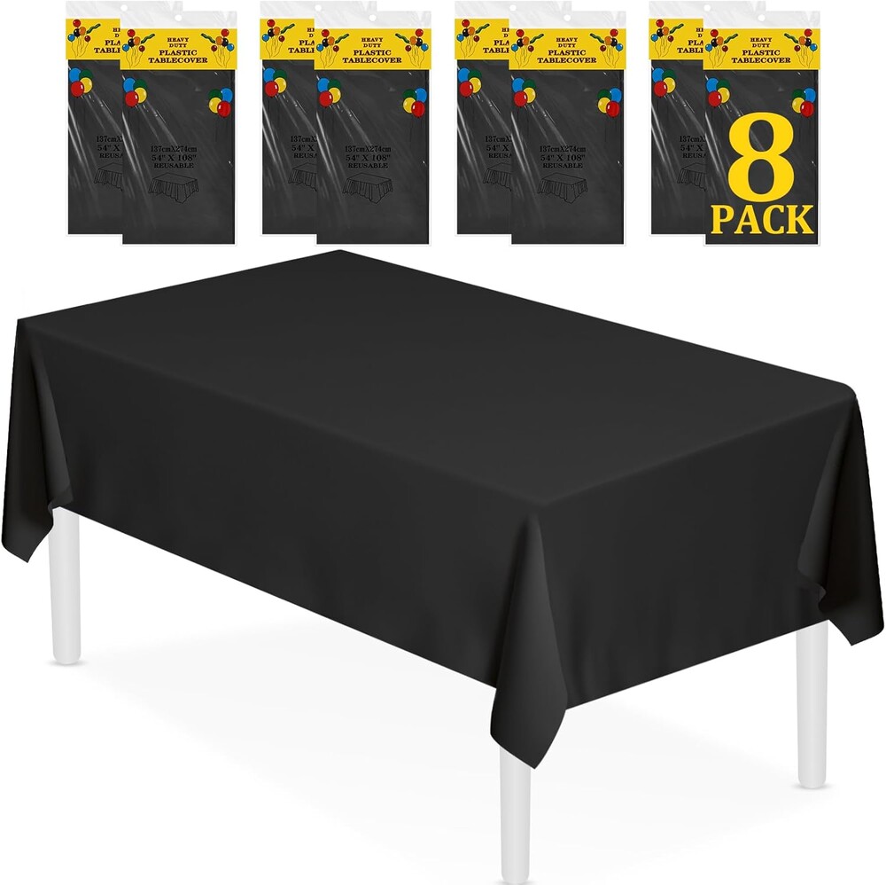 XSEINO 8 Pack 54" x 108" Premium Black Plastic Table Cloth,Disposable Rectangle Tablecloths Waterproof Table Cover for Birthday Wedding Anniversary Graduation Party Decorations Supplies