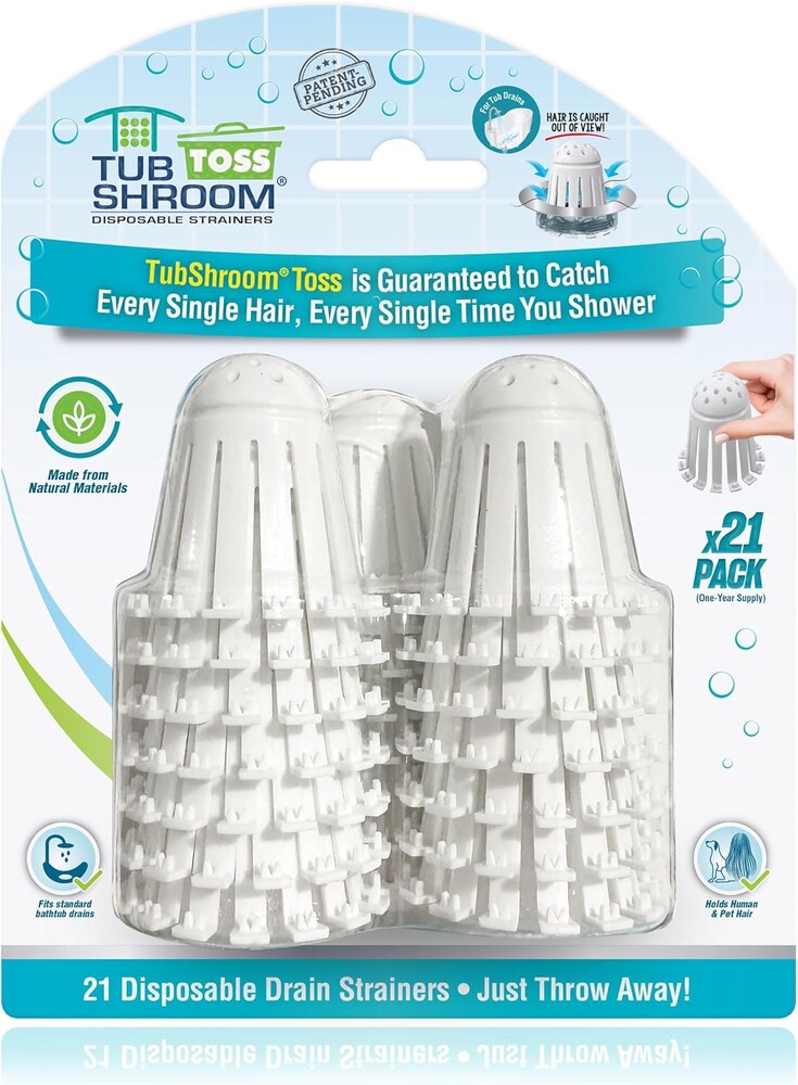 TubShroom Toss 21pk Disposable Bath Tub Drain Strainers - Hair Catcher Snare for Shower Bathtub to Prevent Clogged Drains, Traps Human and Pet Hair, One Year Supply (White)