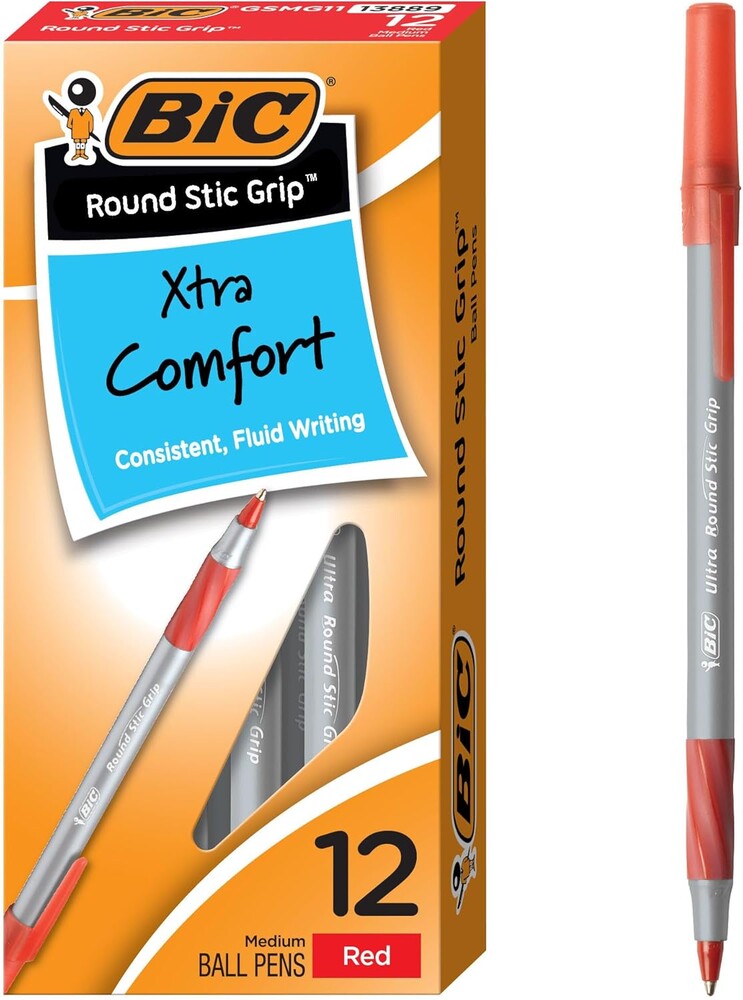 BIC Round Stic Grip Xtra Comfort Red Ballpoint Pens, Medium Point (1.2mm), 12-Count Pack, Excellent Writing Pens With Soft Grip for Superb Comfort and Control