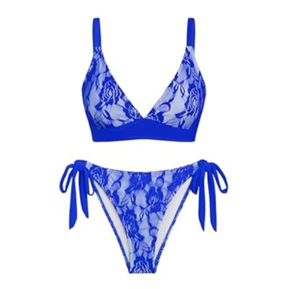 seamoly Women's Bikini Sets Halter Neck Crochet Colorblock Two Piece Swimsuits Open Back Sexy High Cut Thong Bathing Suit