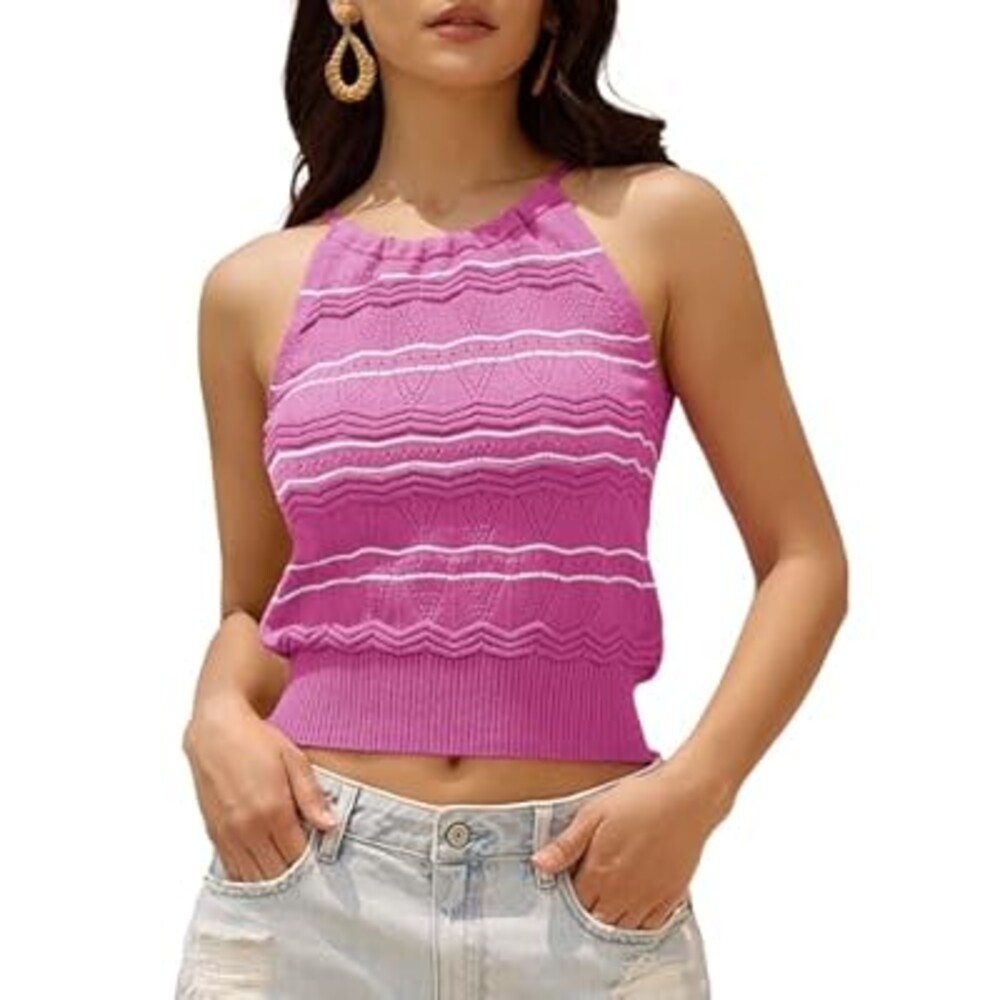 ZAFUL Womens Halter Crochet Tops Backless Sleeveless Hollow Out Summer Sweater Striped Camisole Tank Crop Top