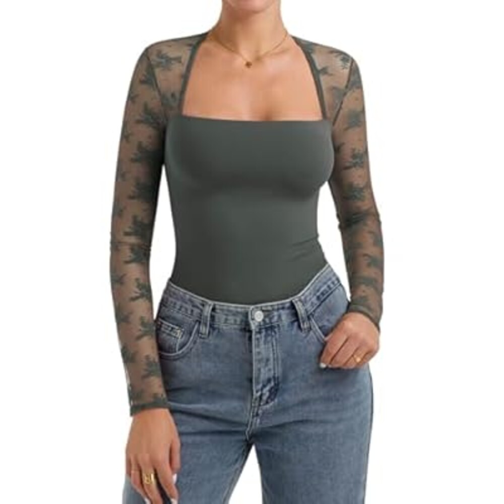 PINKMSTYLE Women Sexy Square Neck Lace Long Sleeve Tops Slim Fit Double Lined Trendy Y2K Going Out Fall Shirts