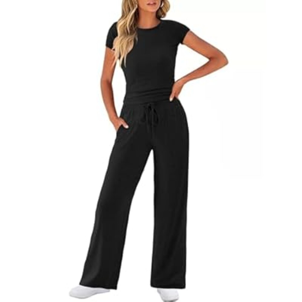 COPYLEAF Two Piece Lounge Sets for Women Wide Leg Drawstring Sweatpants Crop Top Matching Travel Outfits