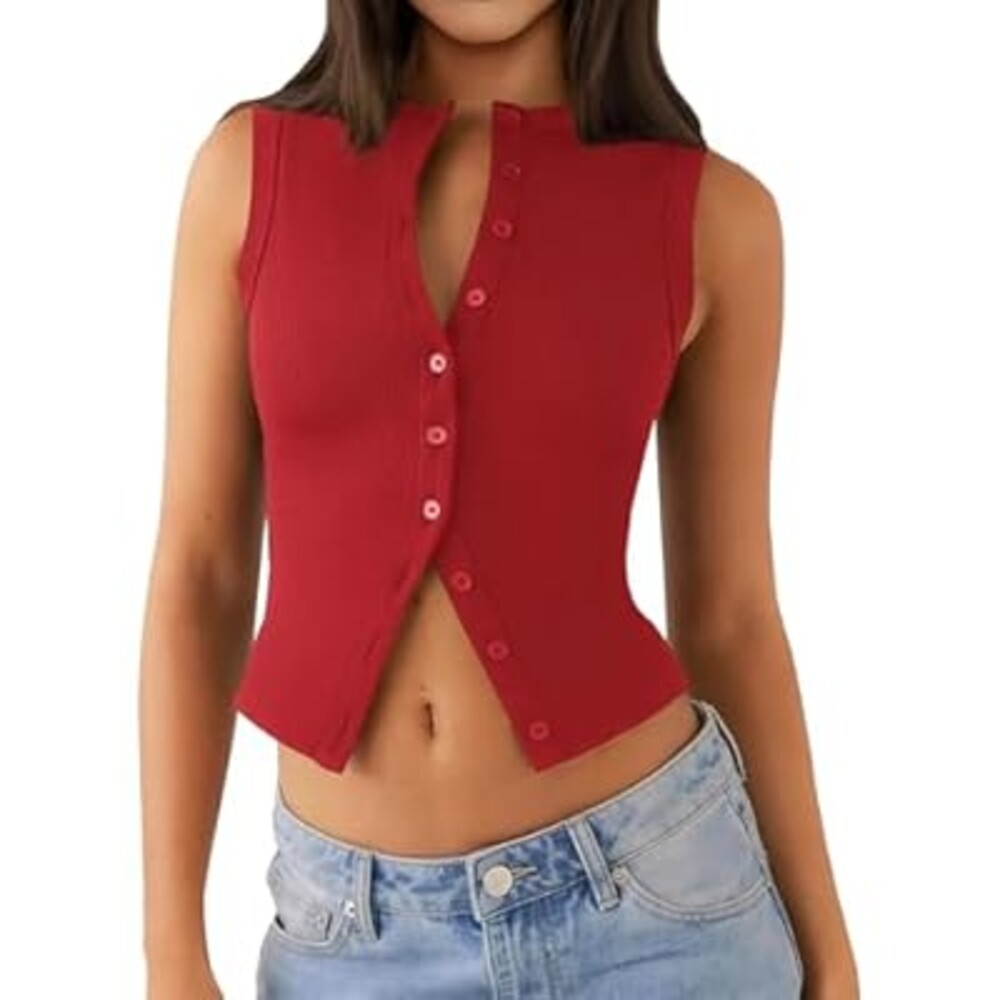 Relety Womens Crop Tank Tops Going Out Button Down Vest Seamless Ribbed Trendy Shirts Cute Sleeveless Summer Spring Y2K Cami