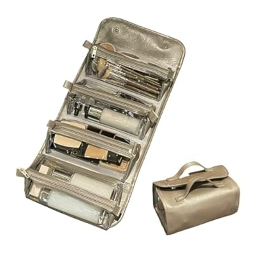 YAKUNCL 4-IN-1 Detachable Cosmetic Bag, Foldable Waterproof PU Leather Makeup Bag, Portable Travel Toiletry Organizer Bag for Women Daily & Travel Use (Premium Gray)