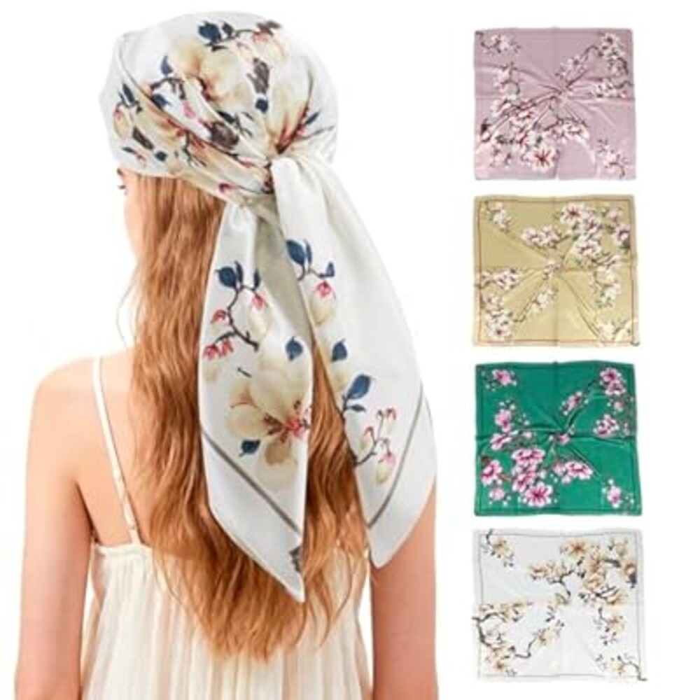 Ciormis 35" Silk Head Scarf for Women, 4 Pcs Satin Hair Scarf Square Silk Bandana Top Neck Scarves Hair Wraps for Sleeping