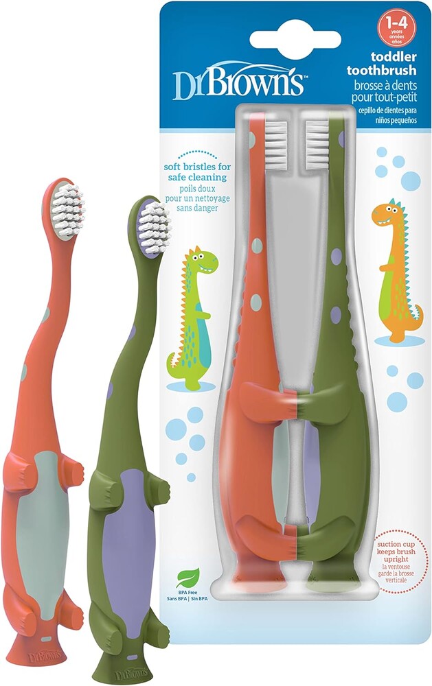 Dr. Brown's Baby and Toddler Toothbrush, Green and Orange Dinosaur 2-Pack, 1-4 Years