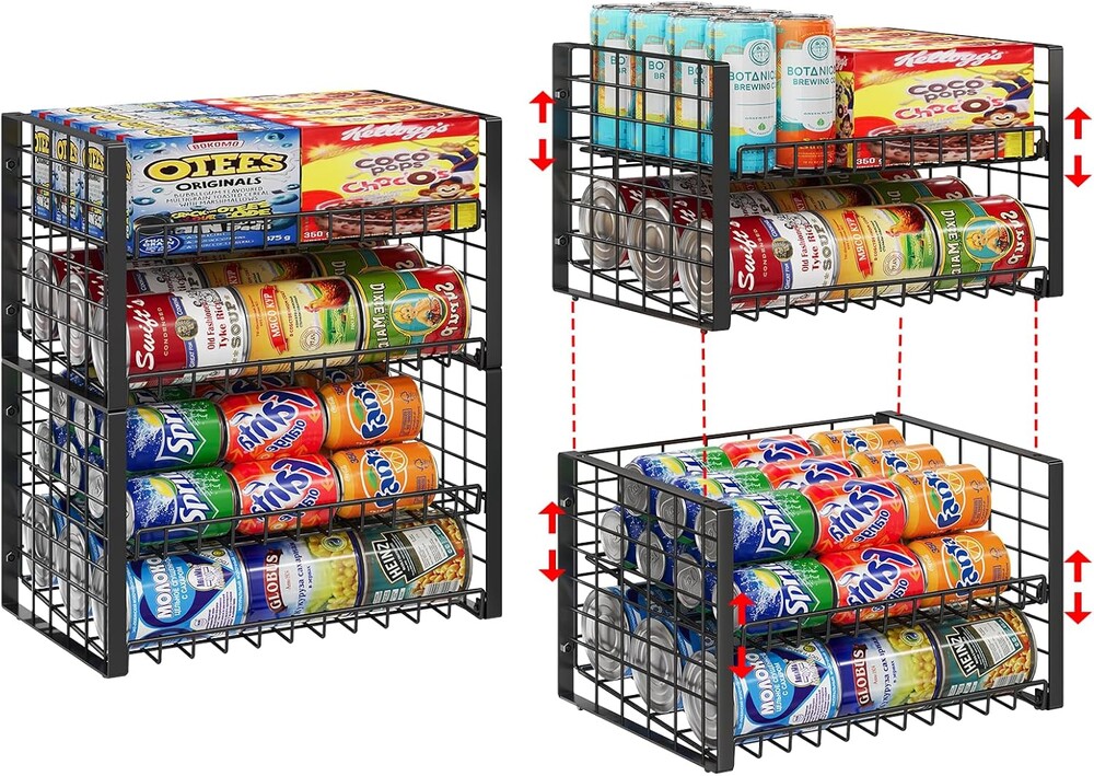 Sbanmao 2-Pack Stackable Can Organizer for Pantry, Adjustable Can Holder Rack for Canned Food Soda Drink Goods Storage up to 36 Cans Storage, 2 Tier, Black