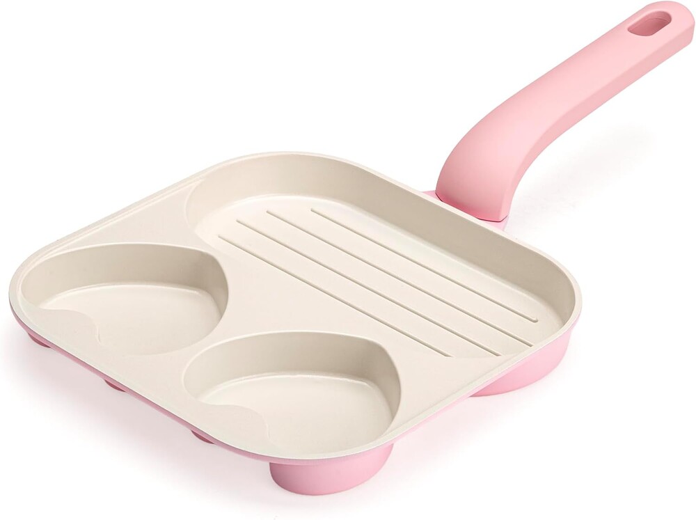 Paris Hilton Ceramic Nonstick Divided Skillet with Heart-Shaped Sections and Grill Plate, Cast Aluminum, Dishwasher Safe, 8-Inch, Pink