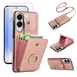 Compatible with Samsung Galaxy S25 Edge 5G Wallet Phone Case Screen Protector Ring Crossbody Strap Stand Credit Card Holder RFID Cell Cover for S25Edge 25S S 25 25Edge 6.66 2025 Women Girls Rose Gold