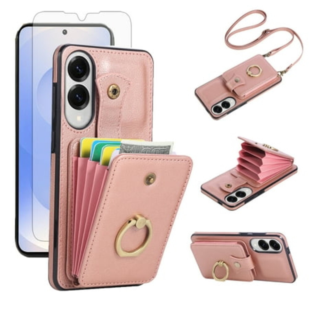 Compatible with Samsung Galaxy S25 Edge 5G Wallet Phone Case Screen Protector Ring Crossbody Strap Stand Credit Card Holder RFID Cell Cover for S25Edge 25S S 25 25Edge 6.66 2025 Women Girls Rose Gold