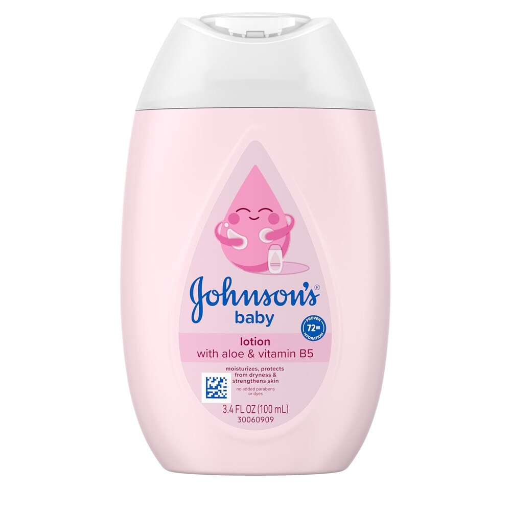Johnson's Baby Lotion with Coconut Oil, Aloe Vera & Vitamin B5, 72 HR Hydration, Skin Moisturizer, Hypoallergenic, Newborn Safe, Protects From Dryness & Strengthens Skin, Baby Essentials, 3.4 fl. oz