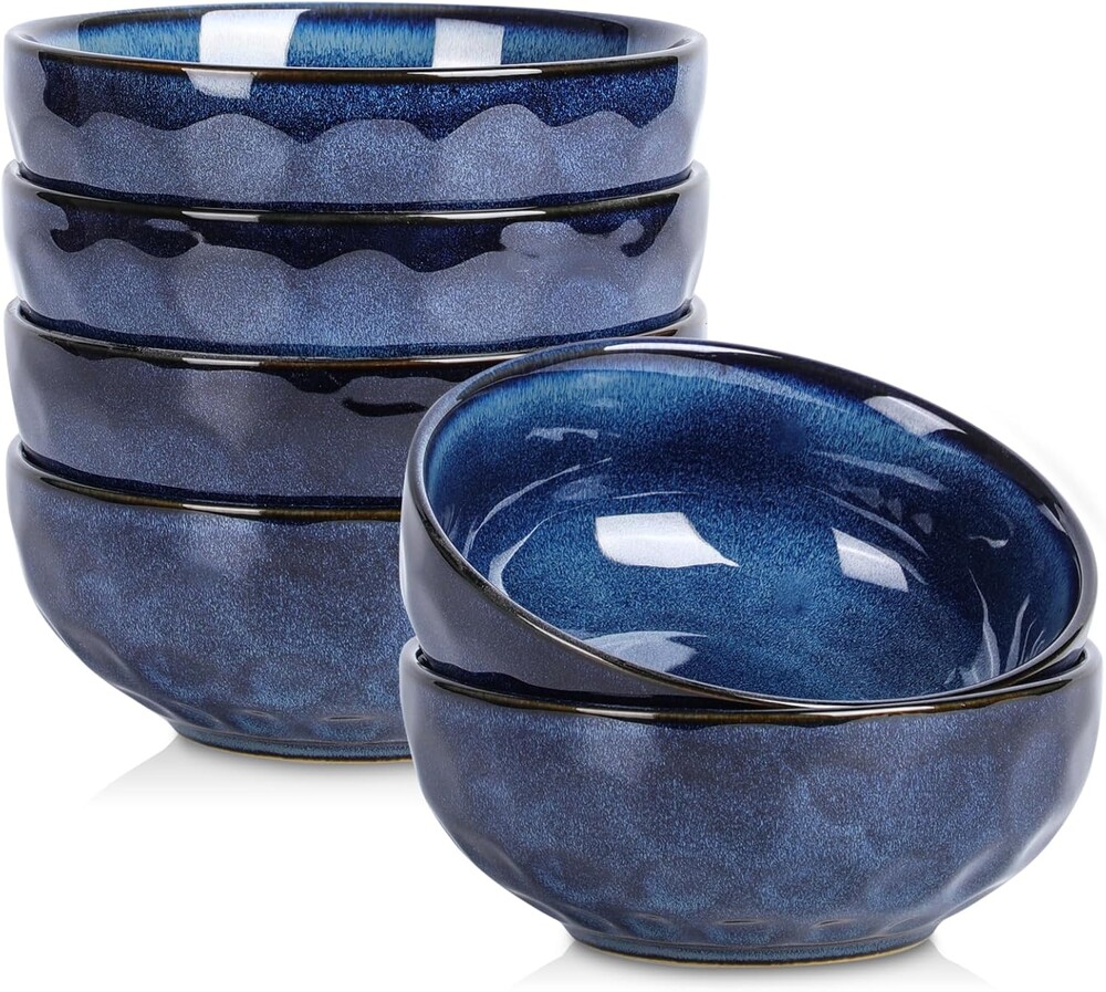 vicrays Ceramic Salad Bowls Set for Kitchen, 26 Ounce Porcelain Soup Salad Rice Dessert Cream Set - Chip Resistant Dishwasher Microwave Safe - Set of 6 (Blue)