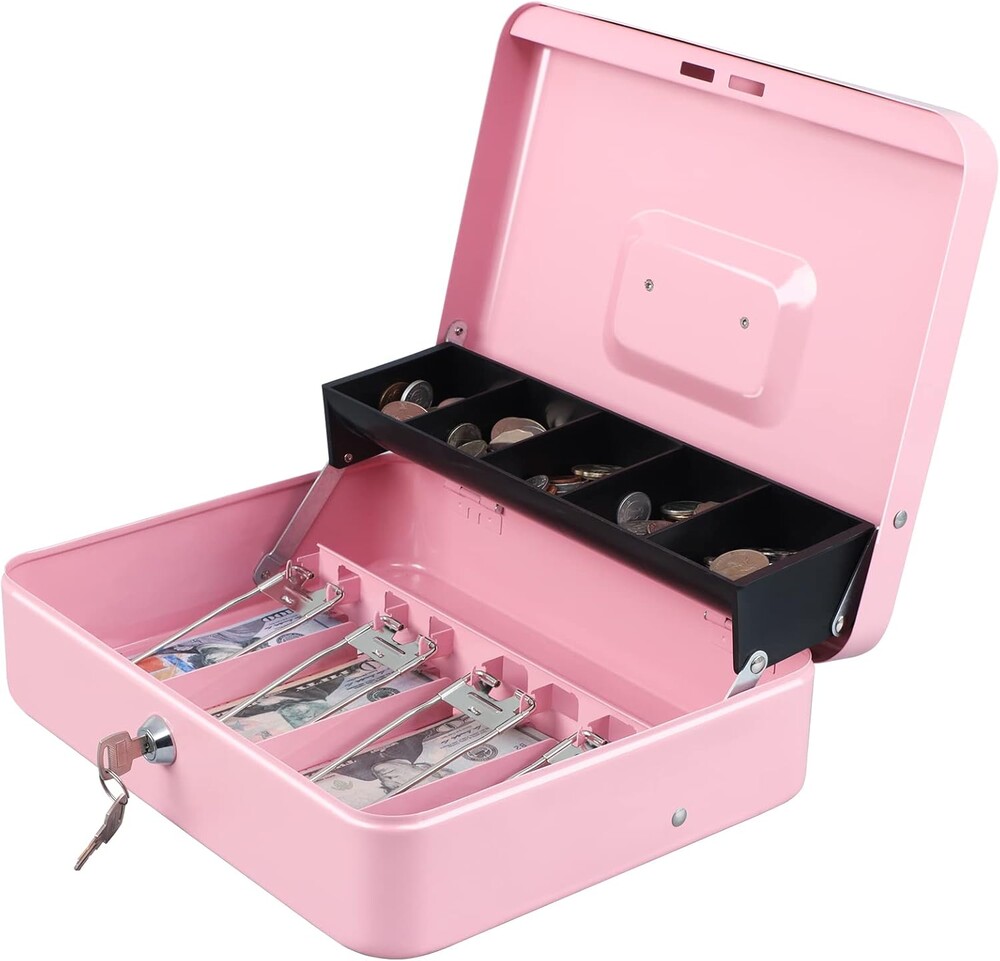 xydled Cash Box with Money Tray and Key Lock,Tiered, Cantilever Design,4 Bill / 5 Coin Slots,11.8" x 9.5" x 3.5",Pink