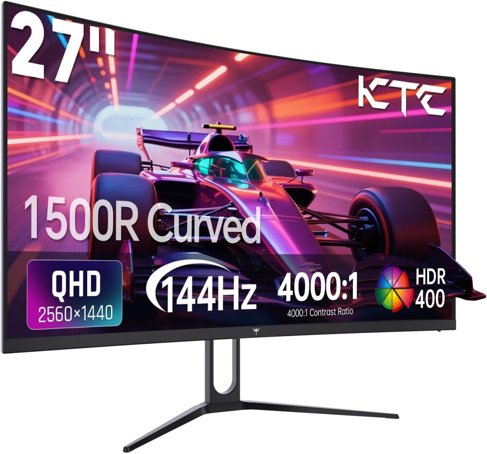 KTC 27 Inch Curved Gaming Monitor, 1440P QHD 144Hz PC Monitor, 1500R Computer Display Adaptive Sync, HDR400, 4000:1 Contrast, Eye Care, DP HDMI Port, VESA Wall Mountable, H27S5C