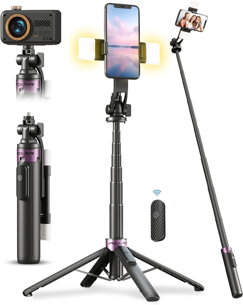 53'' Selfie Stick Tripod with Light, Enhanced 4-Leg Cell Phone Stand Camera Tripod with Rechargeable Wireless Remote & 2 Fill Light, Portable Selfie Stick Travel Essentials for iPhone Android
