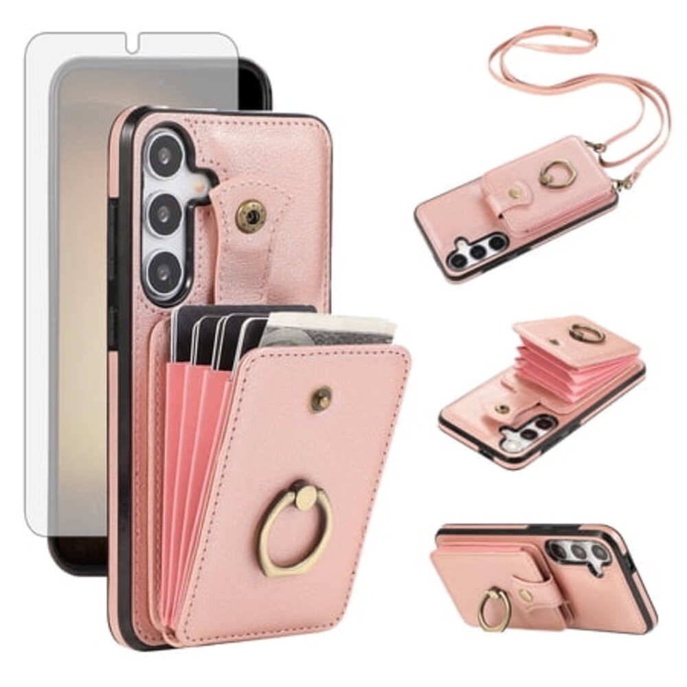 Compatible with Samsung Galaxy S24 Plus/S25 Plus S24+ S25+ 5G Wallet Phone Case Screen Protector Ring Crossbody Strap Stand Credit Card Holder RFID Cell Cover for S24Plus S25Pls Women Girls Rose Gold