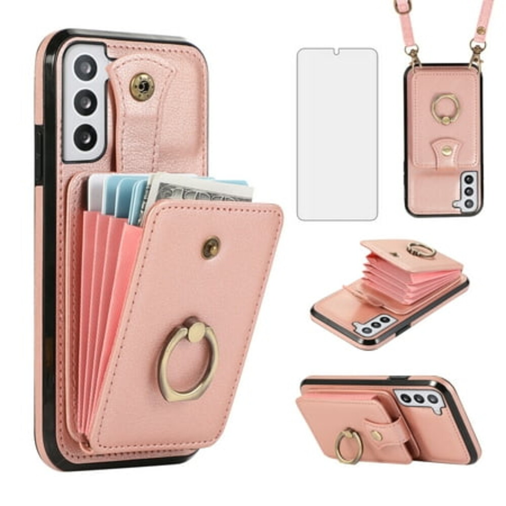 Compatible with Samsung Galaxy S21 Plus S21+ 5G Wallet Phone Case Screen Protector Ring Crossbody Strap Stand Credit Card Holder RFID Cell Cover for S21+5G S21plus 21S + S 21 21 Women Girls Rose Gold